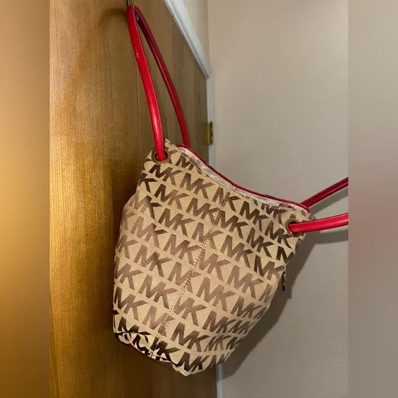 Michael Kors MK Logo Canvas Tote Bag Brown Red Leather Handles Tassel Purse - Picture 5 of 17